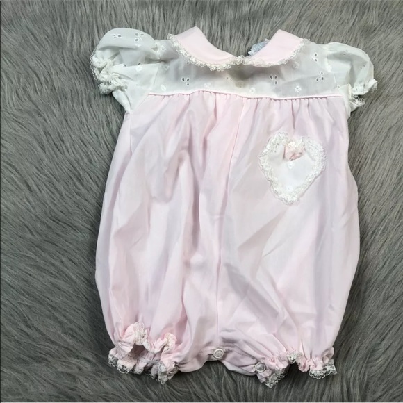 Vintage Baby Girls Pink White Lace Ruffle Alexis Bubble Romper - Picture 1 of 6